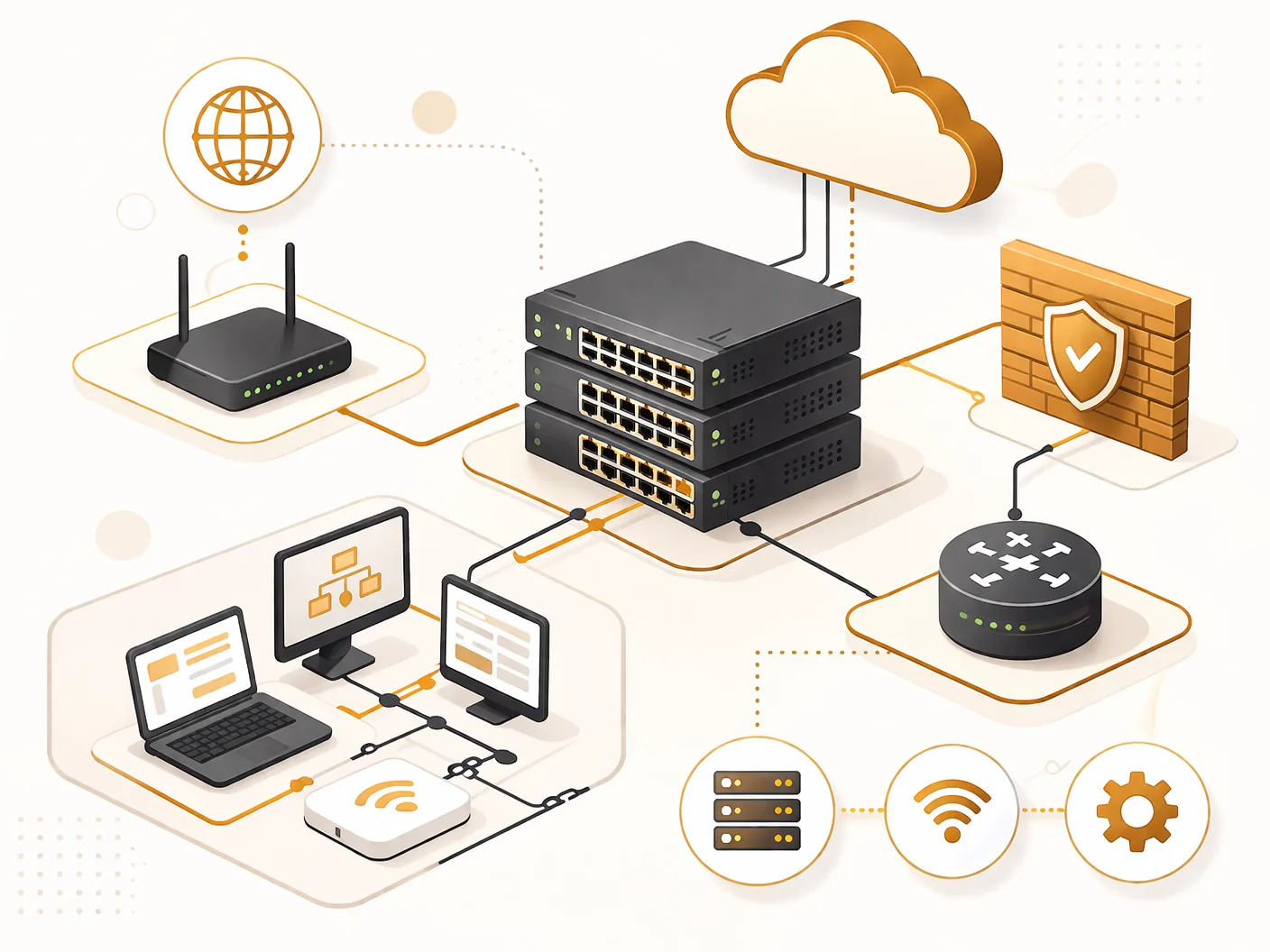 Infraestructura de red con switches, routers y nube conectados